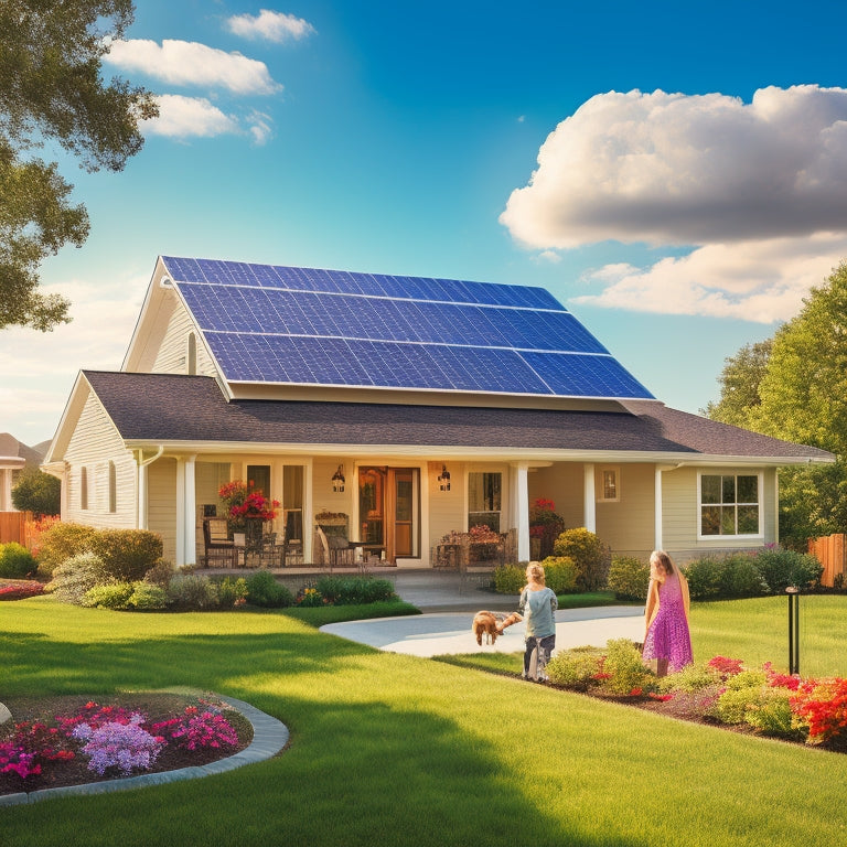 A suburban American home with solar panels on the roof, a bright sunny day, green lawn, energy-efficient appliances visible through windows, and a family happily interacting outdoors.