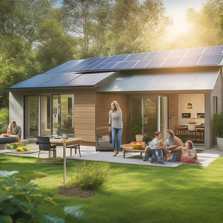 A modern home with solar panels on the roof, surrounded by lush greenery. Sunlight reflects off the panels, while a family enjoys a garden picnic nearby, showcasing the benefits of eco-friendly living.