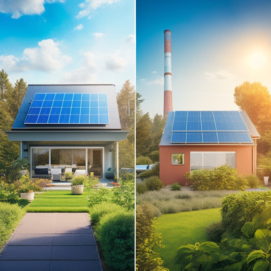 An illustration depicting a split-screen comparison: a modern home with solar panels on the roof, surrounded by lush greenery and a bright blue sky, versus a power plant with smokestacks and a polluted atmosphere.