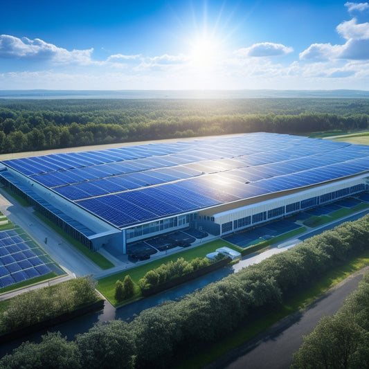 A photorealistic illustration of a modern factory with a sleek, silver roof covered in rows of gleaming black solar panels, surrounded by lush greenery and a bright blue sky.