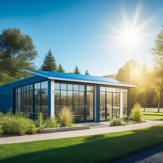 A sleek, modern small business with solar panels glistening on the roof, surrounded by greenery and sunlight. Bright blue sky, vibrant plants, and a clear view of the sun's rays reflecting off the panels.