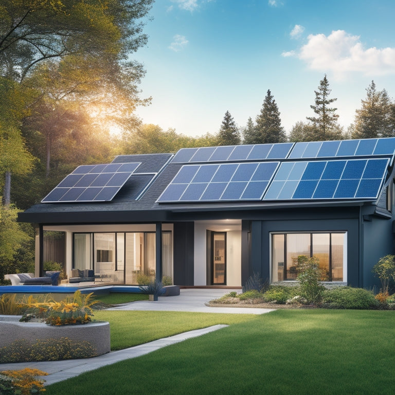 A serene suburban home with a pitched roof, surrounded by lush greenery, featuring three distinct solar panel systems: sleek black panels on the left, futuristic silver panels in the center, and premium blue panels on the right.