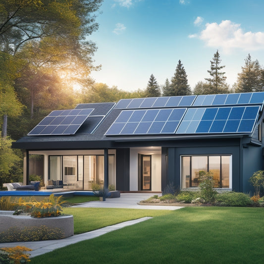 A serene suburban home with a pitched roof, surrounded by lush greenery, featuring three distinct solar panel systems: sleek black panels on the left, futuristic silver panels in the center, and premium blue panels on the right.