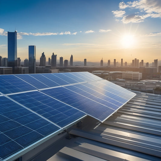 A futuristic, sleek rooftop with high-efficiency solar panels in a staggered, chevron pattern, set against a bright blue sky with a few wispy clouds, surrounded by modern cityscape.