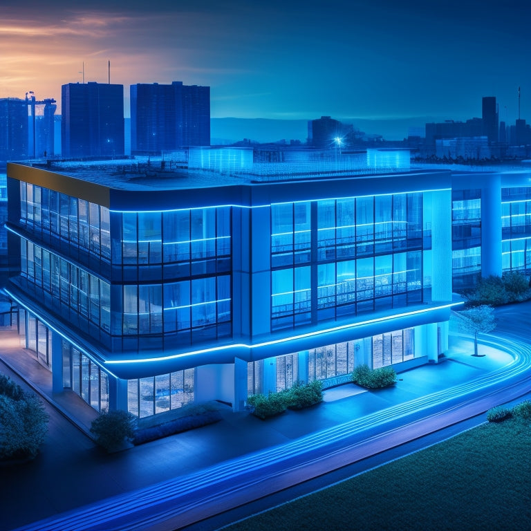 An image depicting a modern office building with various energy meters, sensors, and monitoring devices installed throughout, with glowing blue lines and circuits visualizing energy flow.