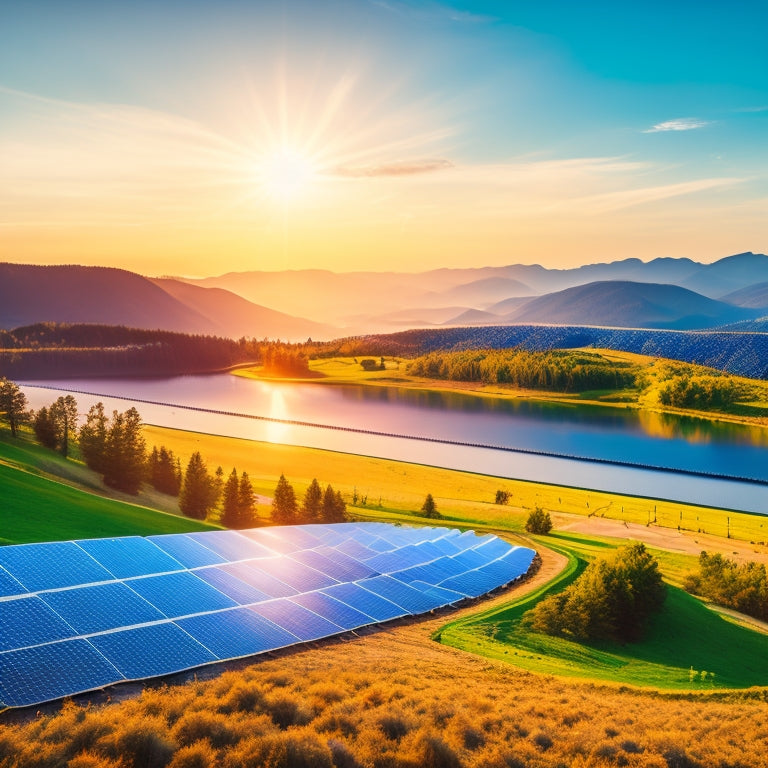 A vibrant landscape featuring solar panels gleaming under the sun, wind turbines gracefully turning on rolling hills, and lush greenery surrounding a sparkling blue lake, symbolizing harmony between nature and renewable energy.