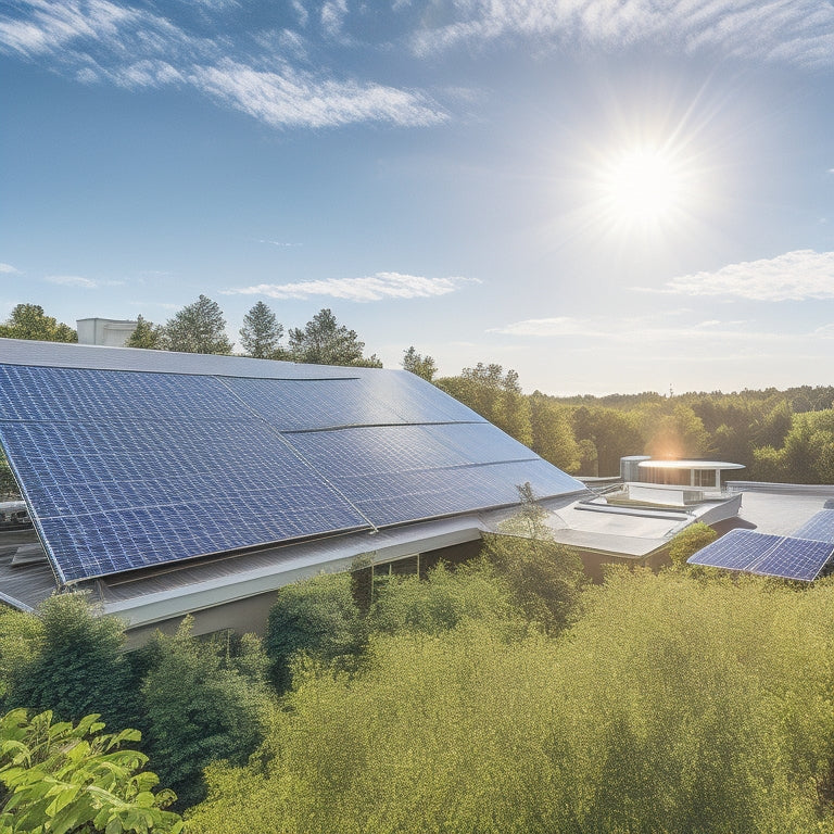 A sunny rooftop with a small business building in the background, featuring a newly installed solar panel array with shiny black panels and sleek silver frames, surrounded by lush greenery.