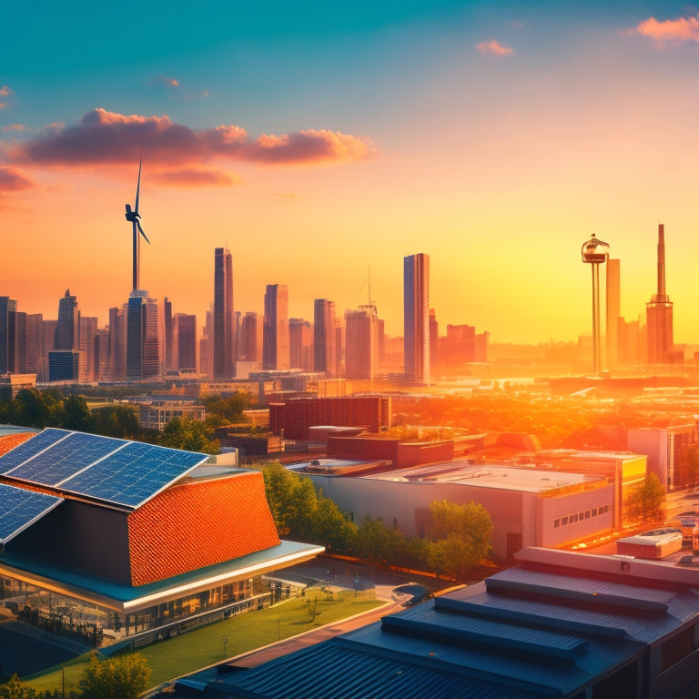 An illustration of a cityscape at sunset with several commercial buildings, each with a unique installation (solar panels, wind turbines, or green roofs) showcasing local commercial installers' work.