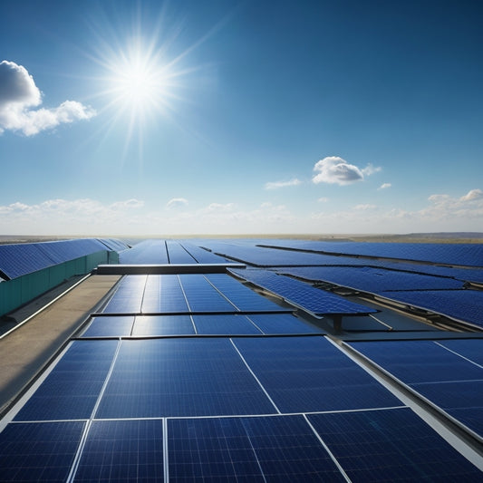 A photorealistic image of a commercial rooftop with multiple rows of sleek, black solar panels installed, angled towards a bright blue sky with a few wispy clouds.