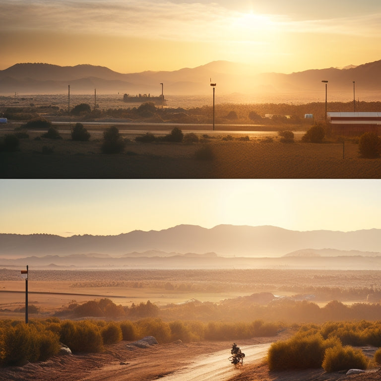 A serene, sun-lit landscape with a split-screen comparison: dirty, dust-covered solar panels on the left, and sparkling clean, efficient ones on the right, with a subtle cityscape in the background.