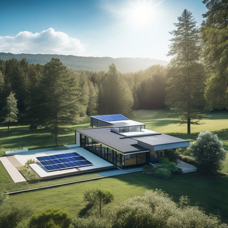 A serene landscape with a modern home featuring a sleek, black solar panel array on its rooftop, surrounded by lush green trees and a bright blue sky with a few white, puffy clouds.