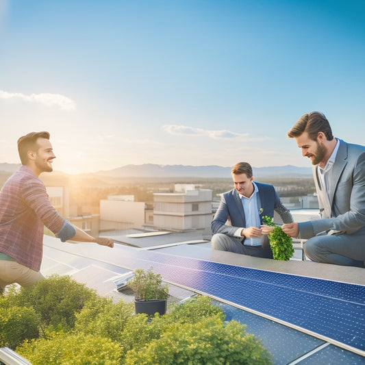 A small business rooftop adorned with sleek solar panels, basking in sunlight, surrounded by greenery, with a cheerful entrepreneur examining a solar energy monitor, showcasing a bright and sustainable future for small enterprises.