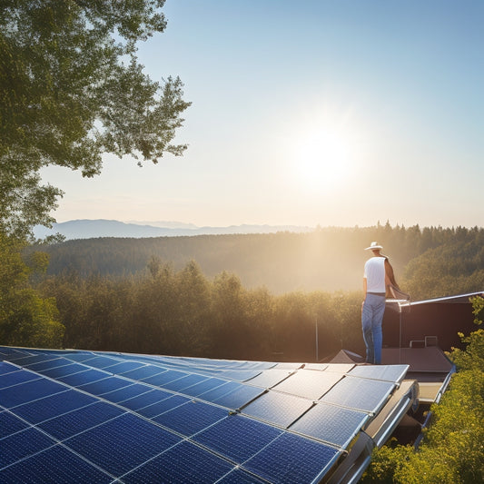 A sunlit rooftop with clean solar panels, a technician inspecting connections, surrounded by green trees, bright blue sky, and a gentle breeze, illustrating the importance of maintenance for optimal energy efficiency.