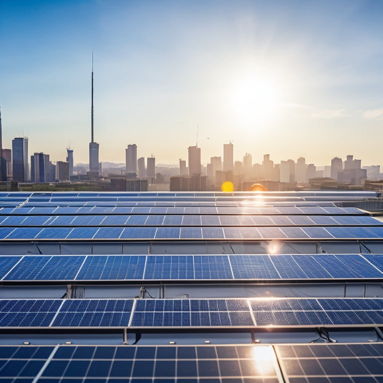 A sleek commercial rooftop with well-organized solar panels gleaming under the bright sun, surrounded by a clear blue sky, showcasing efficient energy capture and modern design amidst an urban skyline.