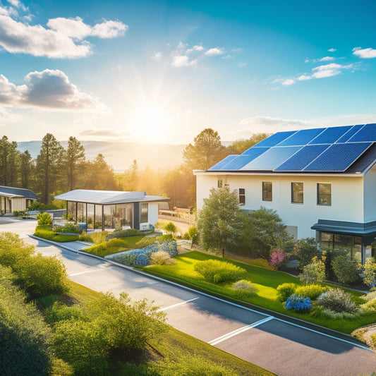 A serene, sun-kissed landscape with a mix of modern homes and commercial buildings, featuring sleek solar panels on rooftops, surrounded by lush greenery and a bright blue sky with fluffy white clouds.