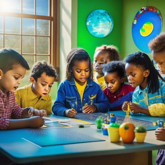 A vibrant classroom scene with children experimenting with solar panels, colorful diagrams of the sun, interactive displays, and a bright sun shining through a window, radiating warmth and energy.