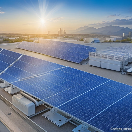 An illustration featuring a commercial solar panel array on a rooftop, with interconnected components labeled with icons: panels, inverters, mounting hardware, electrical connections, and a utility meter.