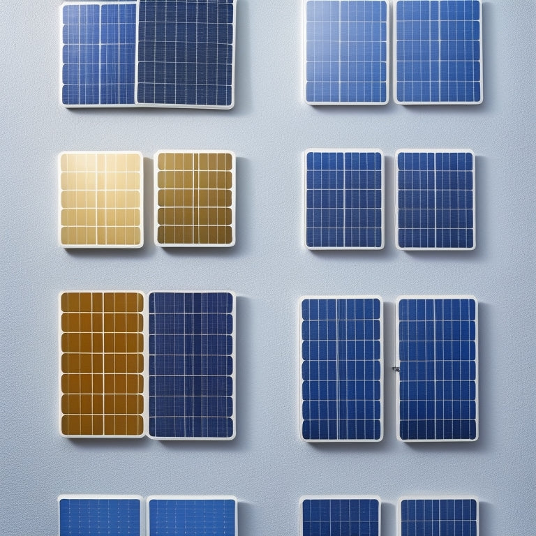 A collage of 5-7 small solar panels of varying sizes and wattages, arranged on a clean white background, with subtle shadows and gentle sunlight casting a warm glow.