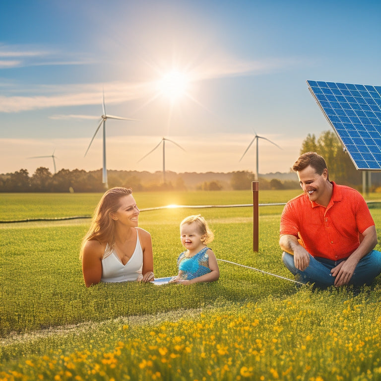 A vibrant solar farm with gleaming solar panels under a bright sun, surrounded by lush green fields, a smiling family enjoying their backyard, and a graph illustrating rising savings and job growth in the background.