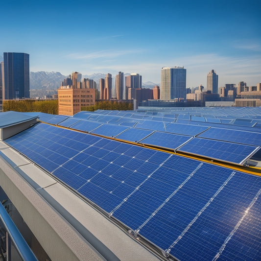 A sunny rooftop with multiple sleek, black solar panels installed at an angle, surrounded by modern building architecture, with a subtle grid pattern in the background.