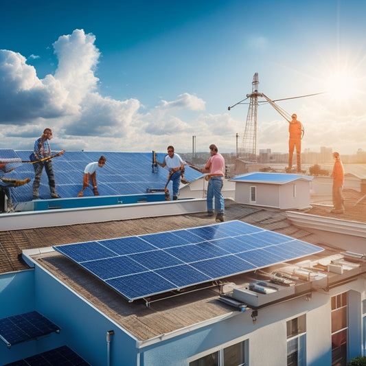 An illustration featuring a residential rooftop with solar panels at various stages of installation, showcasing tools, ladders, and workers in different poses, set against a sunny blue sky with fluffy white clouds.