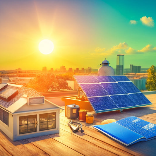 An illustration of a rooftop with solar panels, surrounded by icons representing cost factors: a money bag, a thermometer, a clock, a wrench, a map pin, and a certificate, with subtle sunlight rays in the background.