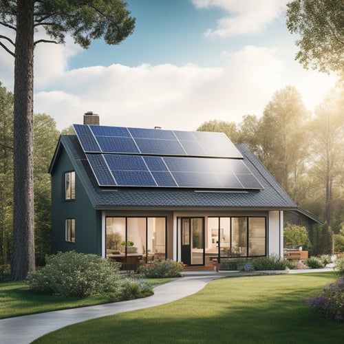 A serene suburban home with a sleek, black solar panel array on the roof, surrounded by lush greenery, with a bright blue sky and a few fluffy white clouds.