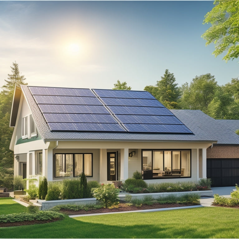 A serene suburban home with solar panels installed on its roof, surrounded by lush greenery, with a subtle background of a cityscape and a faint grid of financial charts and graphs.