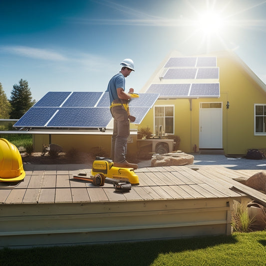 A sunny backyard with a DIYer in a yellow hard hat, holding a solar panel, surrounded by tools and a ladder, with a partially installed solar array on the roof in the background.