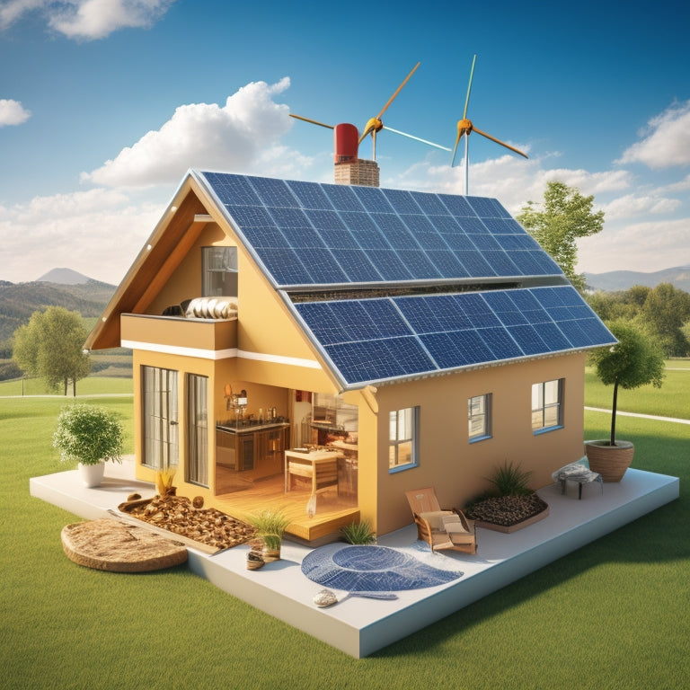 An illustration featuring a house with solar panels on the roof, surrounded by 3 circular sections: one with a wrench and toolbox, another with a piggy bank and coins, and the last with a graph showing an upward trend.