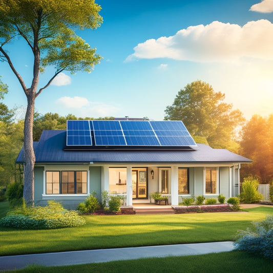 A serene suburban home with a sleek, modern solar panel array on the roof, surrounded by lush greenery and a bright blue sky with a few wispy clouds.