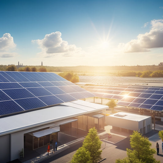 A sunny landscape with a small, modern office building in the foreground, surrounded by solar panels and a few workers in hard hats, with a subtle cityscape in the background.