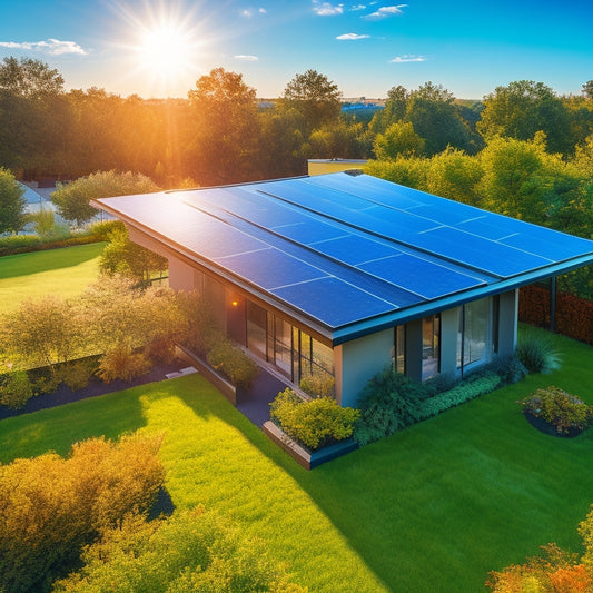 A vibrant rooftop covered with sleek solar panels under a bright sun, surrounded by greenery. Include reflective surfaces, innovative cooling systems, and an energy-efficient home in the background, showcasing sustainability and modern technology.