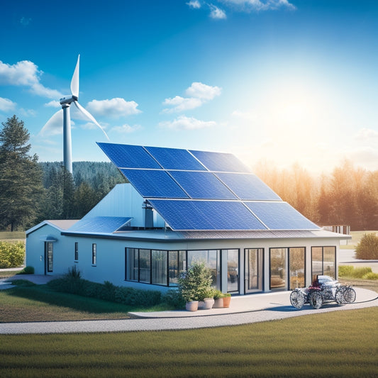 An illustration featuring a small business building with solar panels on the roof, surrounded by greenery, with wind turbines and a bright blue sky in the background.