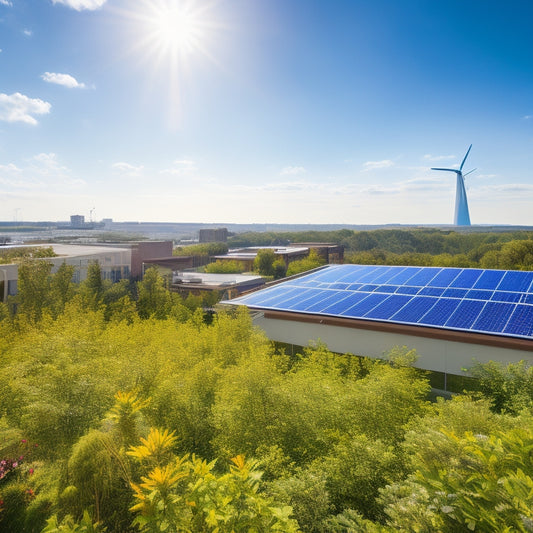 A vibrant rooftop adorned with sleek solar panels, surrounded by lush greenery, with a modern eco-friendly building in the background, showcasing wind turbines and a thriving garden, all under a bright blue sky.