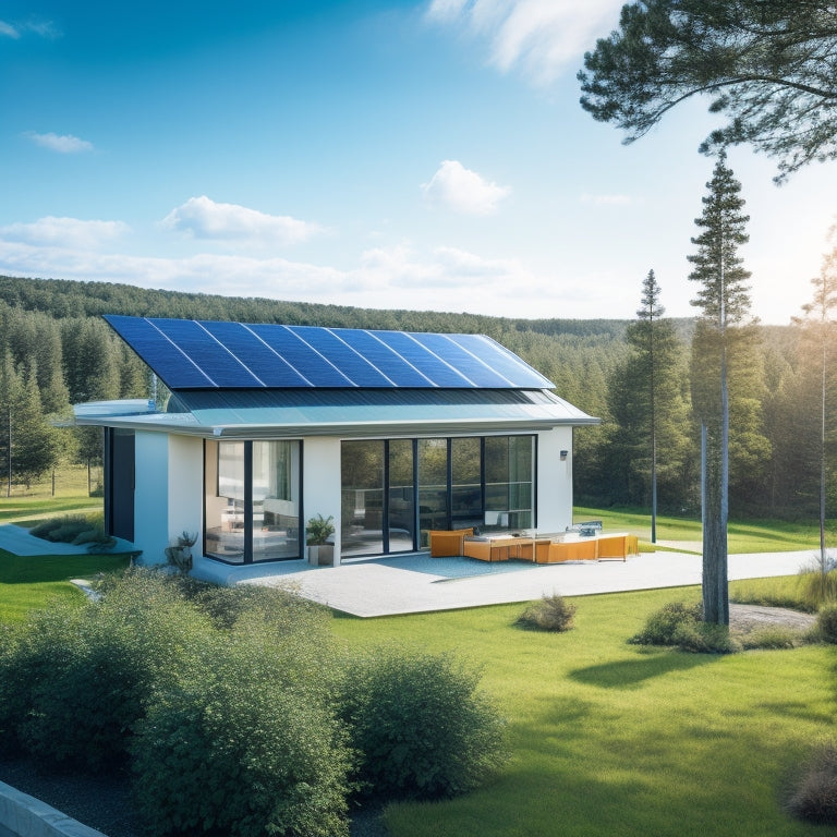 A sleek, modern home with solar panels gleaming under the sun, surrounded by lush greenery. A clear blue sky above, and a small wind turbine in the background, symbolizing energy independence and sustainability.