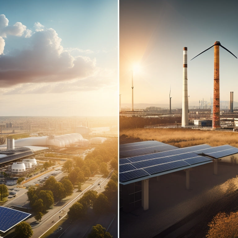 An illustration of a split-screen comparison: a sun-powered cityscape with sleek solar panels and wind turbines on the left, versus a smokestack-lined industrial landscape with factories and power lines on the right.