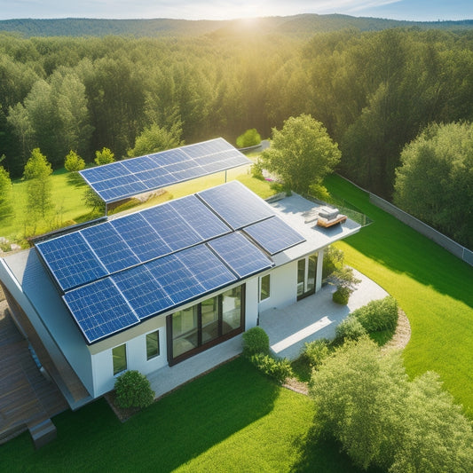 An aerial view of a modern house with solar panels seamlessly integrated into the roof, replacing traditional shingles, surrounded by lush greenery and a bright blue sky with a few puffy white clouds.