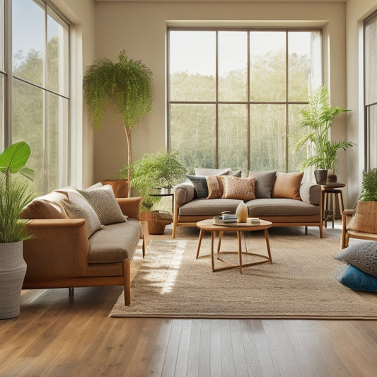 A serene living room featuring reclaimed wood furniture, bamboo flooring, organic cotton textiles, and potted plants, illuminated by natural light filtering through large windows, showcasing a harmonious blend of sustainability and modern design.