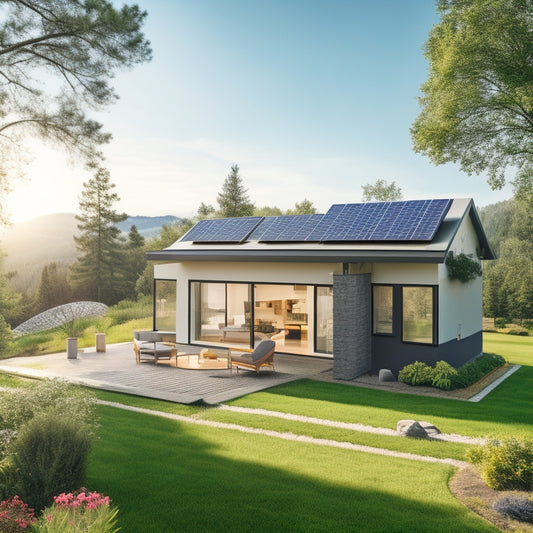 A serene landscape with a modern home, solar panels installed on the roof, a measuring tape wrapped around a panel, a clipboard with a checklist and a calculator nearby, surrounded by lush greenery and a sunny sky.