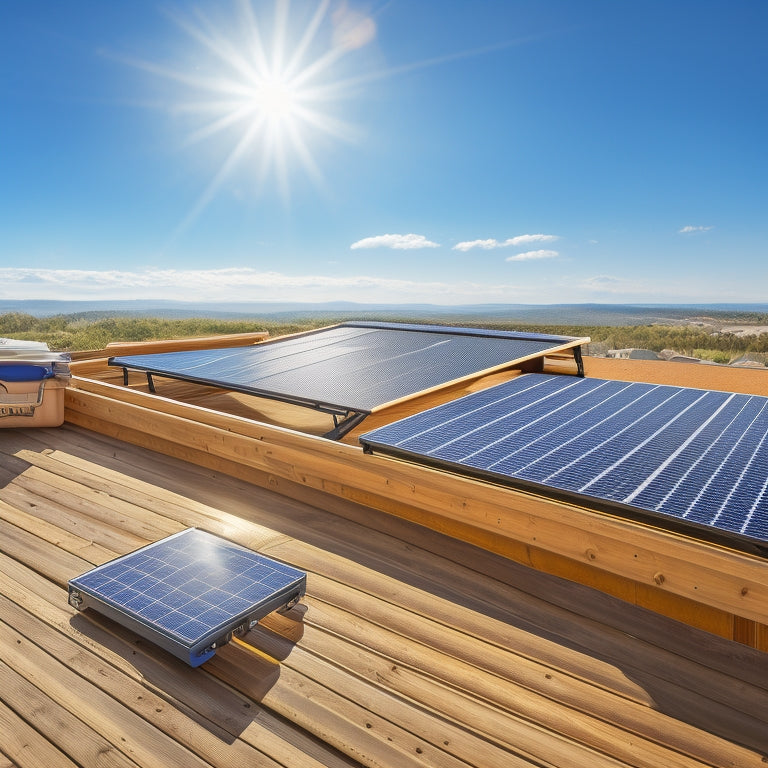 An illustration of a sunny rooftop with a sleek, black solar panel array, surrounded by a neatly organized toolbox, a ladder, and a clipboard with a checklist, set against a bright blue sky.