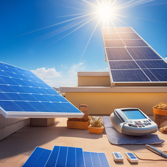 A bright rooftop with solar panels, a calculator, blueprints, money stacks, and a measuring tape, all set against a clear blue sky.
