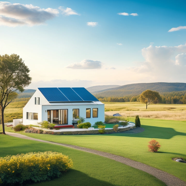 A serene landscape with a modern, eco-friendly home in the center, surrounded by lush greenery, featuring a sleek solar panel roof, wind turbines in the distance, and a bright blue sky with fluffy white clouds.