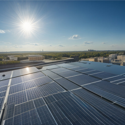 A sunny day with a large, modern commercial building in the background, featuring a rooftop covered in a mix of shiny, black, and silver solar panels of varying sizes.