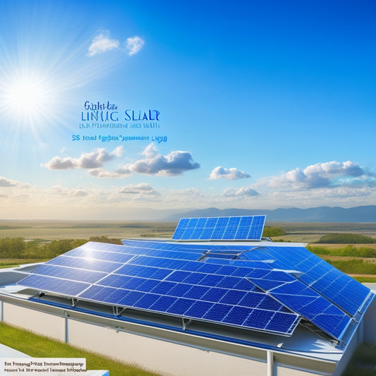 A photorealistic illustration of a rooftop solar panel array with various components labeled, including panels, inverters, mounting hardware, and wiring, set against a bright blue sky with fluffy white clouds.