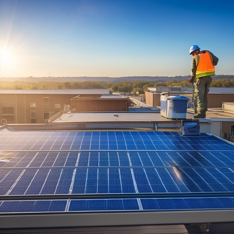 A rooftop with a partially installed solar panel array, featuring a worker in a harness and hard hat, surrounded by tools and equipment, with a ladder leading up to the roof.