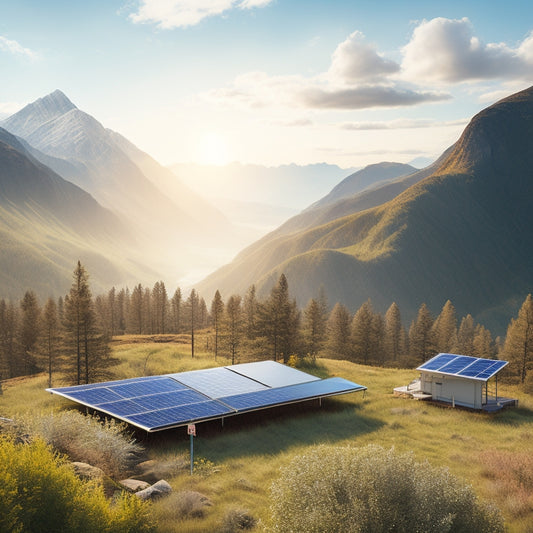 A serene landscape showcasing a modular off-grid solar system. Various configurations of solar panels on rooftops and ground mounts, surrounded by lush greenery, mountains in the distance, and a clear blue sky.