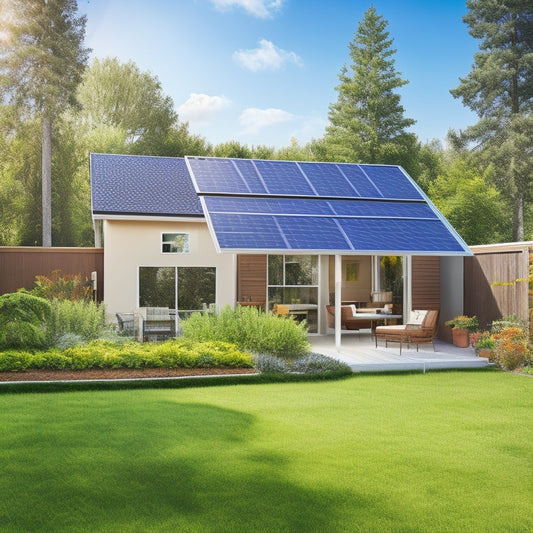 A sunny backyard with a small, sleek solar panel system installed on the roof, surrounded by lush greenery, with a subtle grid of prices and icons in the background, ranging from $500 to $10,000.