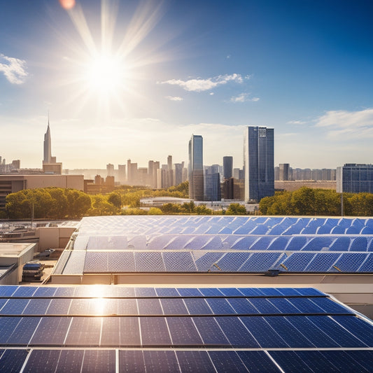 A vibrant rooftop with sleek commercial-grade solar panels glistening under the bright sun, surrounded by a thriving business complex, showcasing eco-friendly energy solutions and modern architectural design.