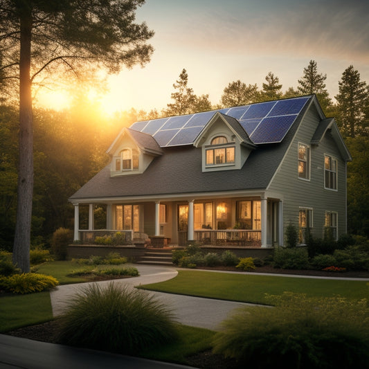 A serene suburban home with solar panels on its roof, surrounded by lush greenery, with a subtle sun shining down, casting a warm glow, and a faint grid of energy lines in the background.